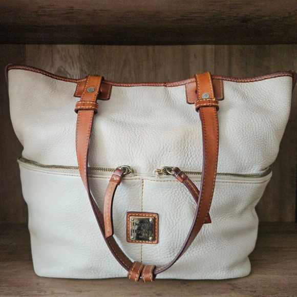 Dooney & Bourke Handbags - Dooney & Bourke Cream Pebbled Leather Brown Trim Shoulder Bag